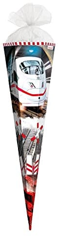 ROTH Schultüte groß Schnellzug 85 cm - 6-eckig Rot(h)-Spitze Tüllverschluss - Zuckertüte Zug