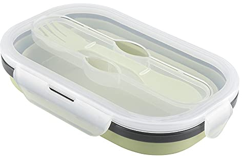 MOUMOUTEN Faltbare Frischhalteboxen, Zusammenklappbarer Aufbewahrungsbehälter aus Silikon mit Deckel, Tragbarer Bento-Box mit Gabeln, Große Kapazität, Mikrowelle Bento Box für Reisen, Picknick(Grün)