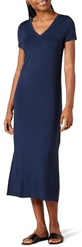Amazon Essentials Vestido Midi de Punto de Manga Corta con Escote en Pico Mujer, Azul Marino, M
