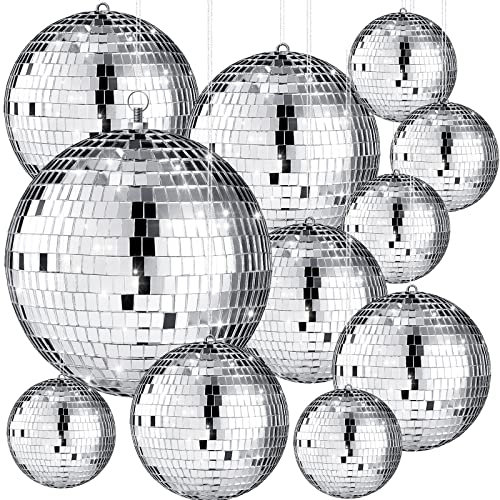 Libima 12PCS Mirror Disco Balls Ornaments Silver Disco Ball Hanging Decoration Different Size 70s Disco Themed Party Decoration for Christmas Dance Music Stage Bar Party Supplies (8'', 6'', 4'', 3'')