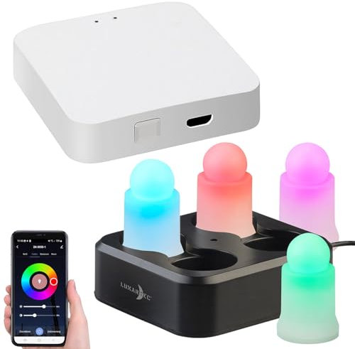 Lunartec 4er-Set wetterfeste LED-RGBWW-Kerzen mit Akku, Ladesch., WLAN-Gateway