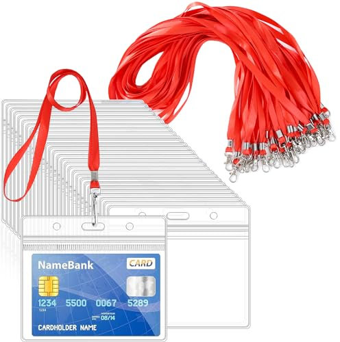 Lot de 50 cordons rouges pour tour de cou avec 50 porte-cartes, porte-cartes d'identité en plastique transparent – Porte-badges horizontaux et étanches avec cordon pour cartes d'identité, bureau,