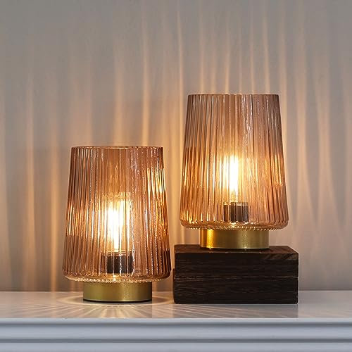 LUSHARBOR Battery Operated Lamp with Timer, Small Cozy Table Lamps Aesthetic, Cordless Battery Powered Decorative Lamp for Bedside Living Room Shelf Amber Set of 2