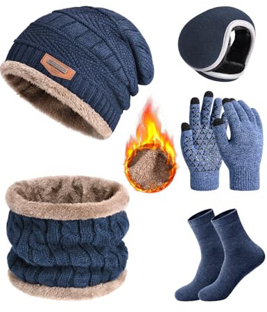 heekpek 5Pcs Ensemble Bonnet Echarpe Gant Homme Tricoté Tour De Cou Doublure Polaire Hiver Beanie Bonnet Chauffe-Oreilles Écharpe Gants à Écran Tactile Chaussettes, Marine