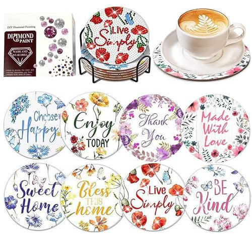 8 Pack Diamond Art Painting Coasters,DIY 5D Diamond Coasters Kits with Holder,Blessing Words Non Slip Drinks Colorful Cup Mat with Tools for Kids Adults Crafts Making Gift for Christmas Thanksgiving