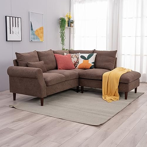 Panana 5 Seater Corner Sofa with Built in USB Charging Port Chaise, Brown Linen Sectional Couch with Left Hand Side Rolled Armrest