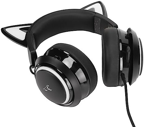 Bewinner Cat Ear Headset PC Gaming Kopfhörer mit Mikrofon, Pinkes Gaming Headset, USB Headset mit Stereo Sound, DIY Gesichtsabdeckungen, 3 Soundmodi und 8 Lichteffekten, für