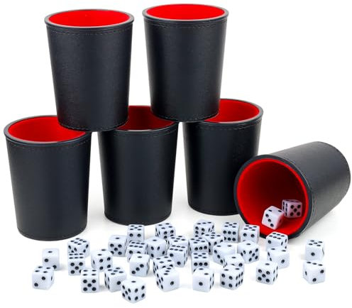 TOPTAN PU Leather Dice Cup Set, Includes 6 Dice Shakers and 36 White Dice for Yahtzee Farkle Dice Game