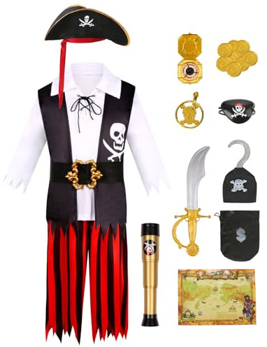Velmawig Piratenkostüm Kinder Jungen Piraten Kostüm Outfit Zubehör Set Fasching Kostüm Kapitän Cosplay mit Piratenhut Augenklappe Piratenhose Ohrringe Gold für Halloween Karneval VL014L
