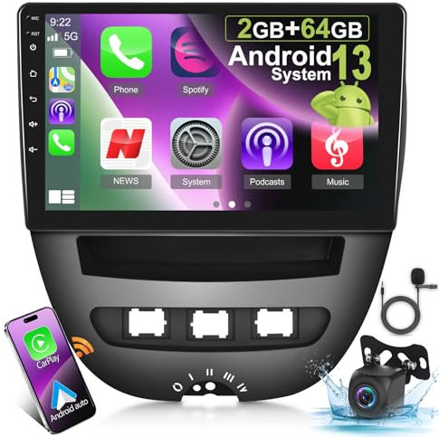 2GB+64GB Android 13 Car Radio for Toyota Aygo/Peugeot 107 / Citroen C1 2005-2014, 10.1 inch Touch Screen Car Play Stereo, Apple Carplay&Android Auto/Wi-Fi/Bluetooth/1080P+AHD Backup Camera