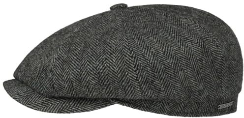 Stetson Hatteras Classic Wool Schirmmütze - Schiebermütze Herren - Flatcap mit Baumwollfutter - Herrencap mit Fischgrätmuster - Ballonmütze Herbst/Winter - Wintercap grau-schwarz 59 cm