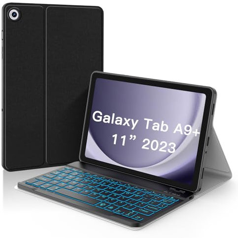 JUQITECH Backlit Keyboard Case for Samsung Galaxy Tab A9 Plus 5G 11 Inch 2023 SM-X210/X216/X218 Soft Case with Detachable Bluetooth Wireless Magnetic Keyboard Tablet Stand Cover, Black