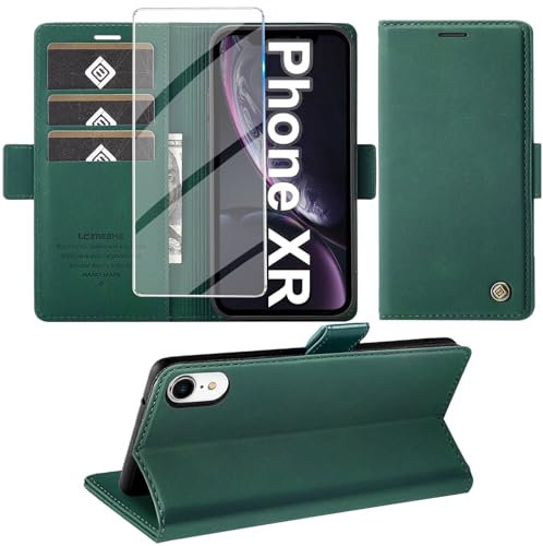 Giyer Handyhülle für iPhone XR Hülle mit Schutzfolie, Kartenfach Wallet Klapphülle Premium Leder Standfunktion Schutzhülle für iPhone XR Flip Case Cover Tasche (Grün)