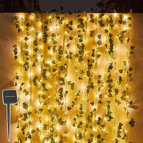 Lichterkette Außen Solar, LED Lichterkette Efeu Künstlich, 10M Solar Lichter Balkon Fake Efeu Girlande mit 100 LED Lichterketten Wasserdicht, 8 Modi für Garten Terrasse Hochzeit Party Zimmer Deko (A)