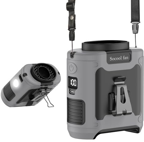 Socool 10000mAh Portable Waist Fan Clip on Wearable Belt Personal Fan Rechargeable Battery operated With 5 Speeds & Flashlight Neck Hands-Free 40H Cooling For Outdoor Camping Travel (Gray）