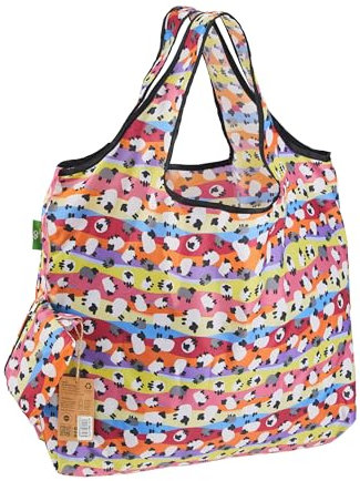 ECO CHIC Foldable Reusable Large Recycled Grocery Bags Lightweight Shopping Tote Bags with Storage Pouch (Colourful Sheep)
