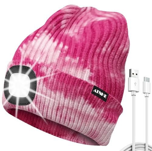 ATNKE LED Mütze mit Licht, USB Typ C Wiederaufladbare 4 LED Beleuchtete Laufmütze Extrem Heller Lampe Winter Warme Stricken Mütze für Herren und Damen Geschenke/Tie Dye Pink