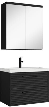 Badezimmermöbel Etna 60 cm 01 Waschbecken - Schwarz - Aufbewahrungsschrank mit Spiegelschrank Badmöbel-Set