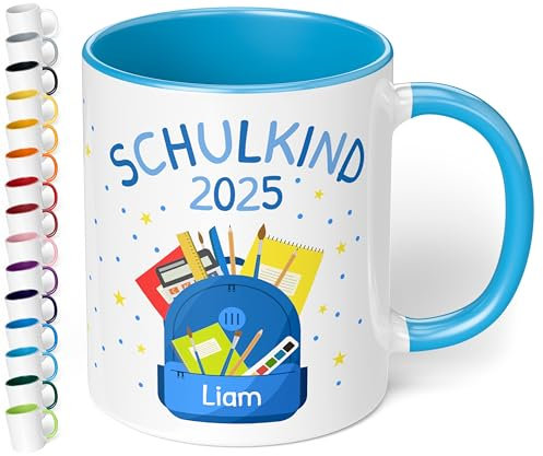 Geschenk zur Einschulung Tasse „Schulkind 2025“ für Jungen - personalisiert mit Namen Erstklässler Schüler 1. Klasse - Rucksack Blau - Keramiktasse, 330ml, Hellblau
