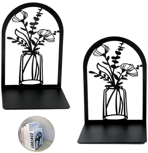 2 Stück Buchstütze, Buchstützen Metall, Rutschfesten Bücherhalter | Bücherstütze Schwarz, Stabil Bookends für Desktop-Aufbewahrung in der Schule, Zuhause, Büro (Muster: Vase)