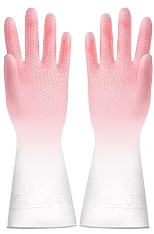 Glomora KRubber Gants de vaisselle en caoutchouc pour le nettoyage de la cuisine et de la maison, gants polyvalents réutilisables, antidérapants, imperméables et pour laver la (White Pink)