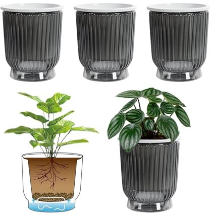 ACESOME 4 vasi autoirriganti con corda di cotone e serbatoio dell'acqua profonda, vaso da cucina con sistema di irrigazione, per piante da interno (grigio, 12 x 14,5 cm)