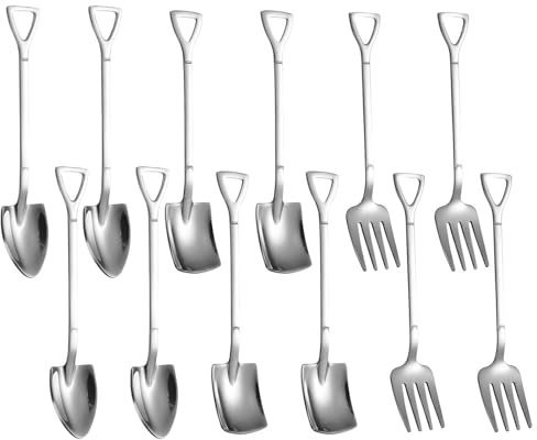 12PCS Shovel Spoon Fork Set, Stainless Steel Small Forks Spoons Set, Spade Shape Spoons Tableware, Teaspoons, Coffee Latte Spoon for Dinner, Dessert, ice Cream, Fruit(Size:15.5x3.5/3cm)