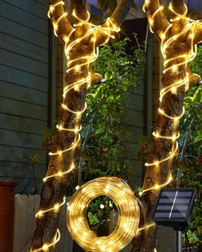 SIOOUI Solar Lichterkette Außen 12M, 100 LEDs Solar Lichterschlauch Aussen, IP65 Wasserdicht 8 Modi, Solar Dekoration Lichter für Garten, Terrasse, Balkon, Zaun, Weihnachten (Warmweiß)