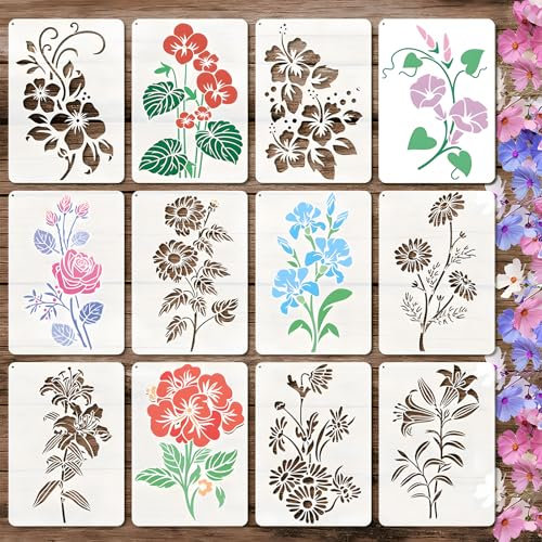 Lot de 12 Pochoirs Réutilisables en PET – Modèles Créatifs pour Peinture, DIY, Décoration et Bricolage sur Bois, Mur, Tissu