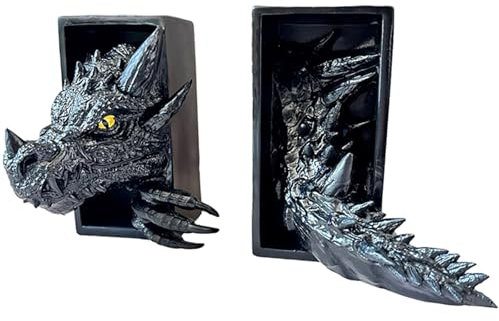 Lot de 2 serre-livres en forme de dragon 3D qui se détachent de l'étagère à utiliser entre des livres ou au bout d'une étagère ou d'un coin de livres, décoration de dragon fantaisie, étagères