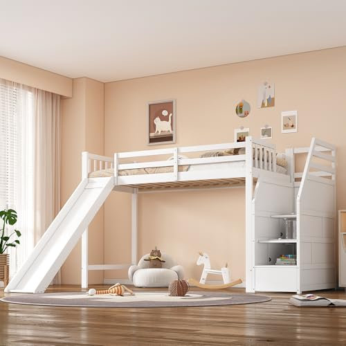 Luxeza 90 * 200cm, Hochbett, Kinderbett, mit Rutsche, Ablageleiter, EN747 Zertifiziert, Ohne Matratze, weiß