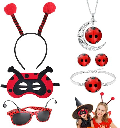 PYSEOSISE Marienkäfer Kostüm Damen, 6 Stück Ladybug Kostüm Erwachsene, Marienkäfer Haarreif Marienkäfer Brille Ladybug Halskette Armband für Halloween Karneval Masquerade