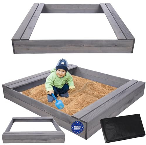 MODO24 Sandkasten mit Sitzbänken, Holzsandkasten, Gartenspielzeug für Kinder, Sandkasten für Garten, Outdoor Sandkasten mit Bänken, Abmessungen 140x137 cm, Farbe: Grau (imprägniert)