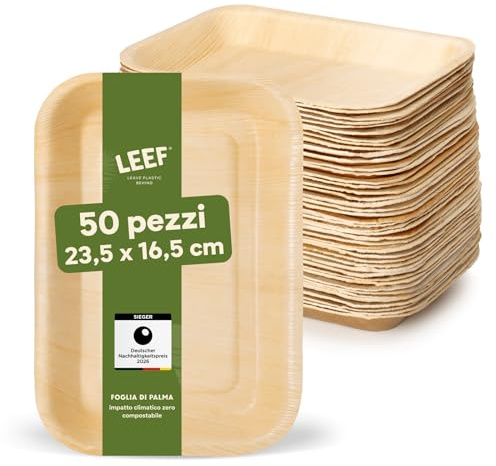 Leef® assiette jetable en palmier [50 pcs | 23 x 16 cm] assiette barbecue comme décoration d'anniversaire | assiettes plates alternative aux assiette plastique reutilisable comme vaisselle jetable