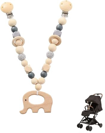 ERFGT Kinderwagenkette aus Holz, Kette Kinderwagen Mädchen Junge, Autokette Baby, Kinderwagen Zubehör für Babys und Kleinkinder ab 6+ Monaten (Elefanten)