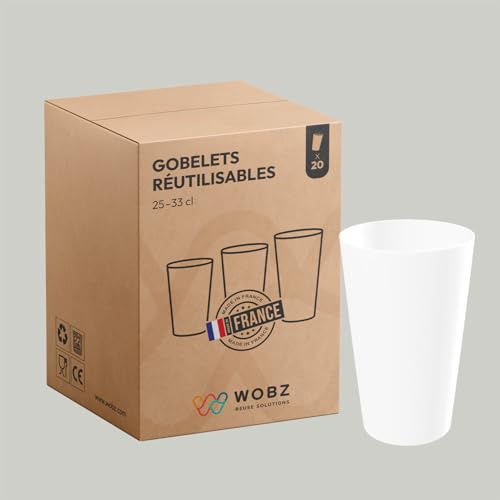 Wobz - Gobelet Vierge Opaque Blanc - Réutilisable en Polypropylène - Fabriqué En France - 25 cl - Pack De 100