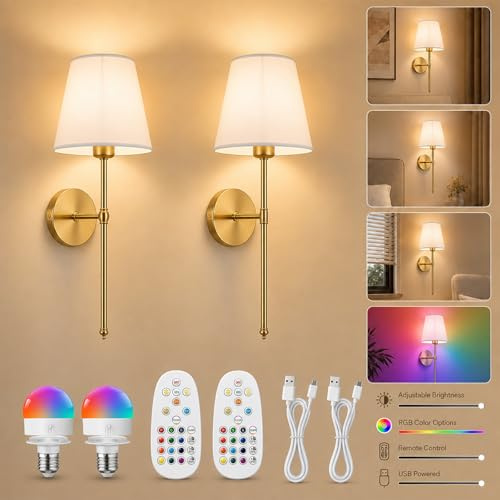 Gold Rechargeable Wall Sconces 2 Pack, Remote, Wireless, Infinite Dimming | 15 RGB Colours, 3 Colour Temperatures, Timer, Ideal for Bedroom, Bathroom, Hallway