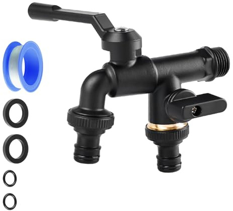 Robinet Double Sortie en Laiton, Robinet de Jardin 1/2, Robinet Antigel, Robinet Double Machine a Laver avec 2 Sorties 3/4, 1 Rouleau de Ruban D'étanchéité, Double Robinet pour Jardin Extérieur Noir