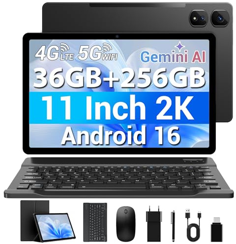 MAXLEGEN Tablet 11 Zoll Cellular, Android 16, 2K FHD, 36GB RAM+512GB ROM/1TB TF, 4G LTE Dual SIM+5G WLAN, 2GHz Octa-Core Android Tablet mit 9580mAh, 13MP, GPS, GMS, mit Tastatur/Stift/Maus/Hülle