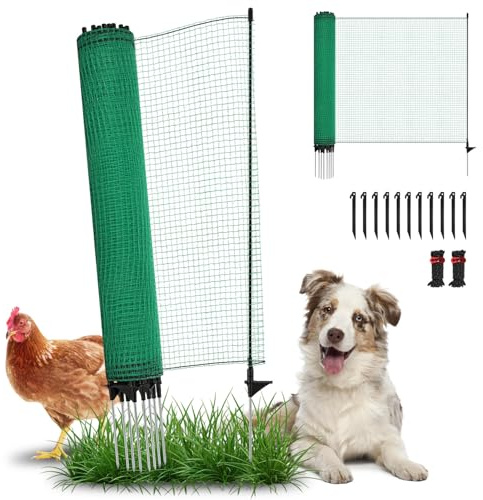 Jayseuw Mobiler Hühnerzaun 20 m x 95 cm, Hundezaun Garten ohne Strom, Geflügelnetz mit 12 Fiberglas-Stangen, 15 Heringen und 2 Spannseilen, flexibler Weidezaun für Garten, Camping und Tiergehege