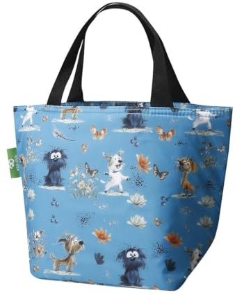ECO CHIC Lightweight Foldable Insulated Lunch Bag Water Resistant Cooler Bag (Whimsy Dogs Blue)