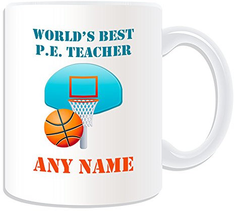 Regalo personalizado – El mejor P.E. del mundo. Taza para profesor/baloncesto (diseño académico, color blanco) – cualquier nombre/mensaje en su único – Universidad escolar – educación física de PE