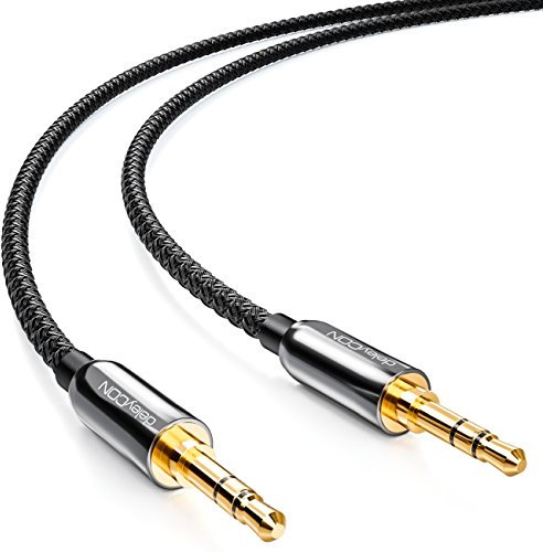 deleyCON 5m Câble Audio Stéréo aux avec Gaine en Nylon - Jack 3,5mm Plaqué or - Noir