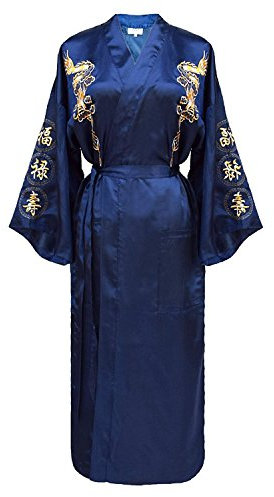 Bon amixyl Peignoir de bain pour homme en satin de soie Kimono Motif dragon brod頙ukata Hakma Vintage,Bleu Marine,M
