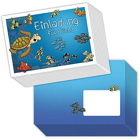 emufarm 10 Einladungskarten UNTERWASSERWELT zum Kindergeburtstag inklusive 10 Umschlägen/Einladungen für kinder mit bunten Fischen