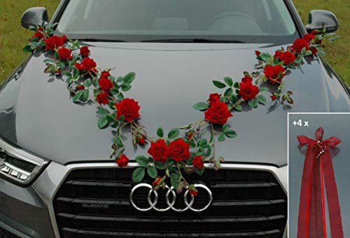 Rosen Girlande Braut Paar Rose Deko Dekoration Autoschmuck Hochzeit Car Auto Wedding ®Auto-schmuck Deko PKW (Exclusive Rot)