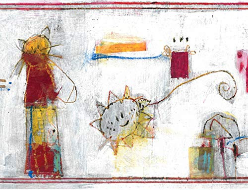 Dundee Deco BD6143 Prepasted Wallpaper Border - Kids White, Blue, Yellow, Grey Drawing, Painting Wall Border Retro Design, 15 ft x 6.85 in (4.57m x 17.4cm)