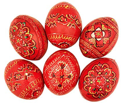 Pysanky Pisanki Handbemalte ukrainische Ostereier aus Holz – 6 Stück, rot – 6 cm