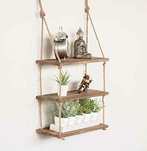 Garden Mile Rustic Rectangular 3 Tier Wooden Rope Shelves - Vintage Storage Shabby Chic Style Wall Mounted Floating Shelf - Decorative Shelves for Hallway, Kitchen, Bedroom, Living Room Decor