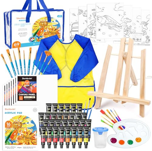 Shuttle Art Paquete de 69 juegos de pintura para niños, juego de arte niños con pintura acrílica de 30 colores, caballete de madera, lienzos, almohadilla de pintura, pinceles, paleta